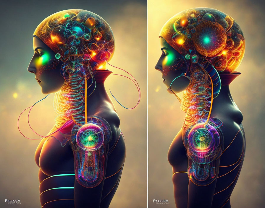 Futuristic digital artwork of humanoid figures with transparent heads