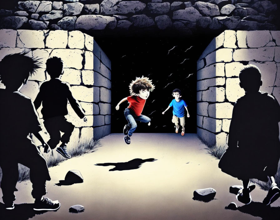 Vibrant illustration of children playing in tunnel