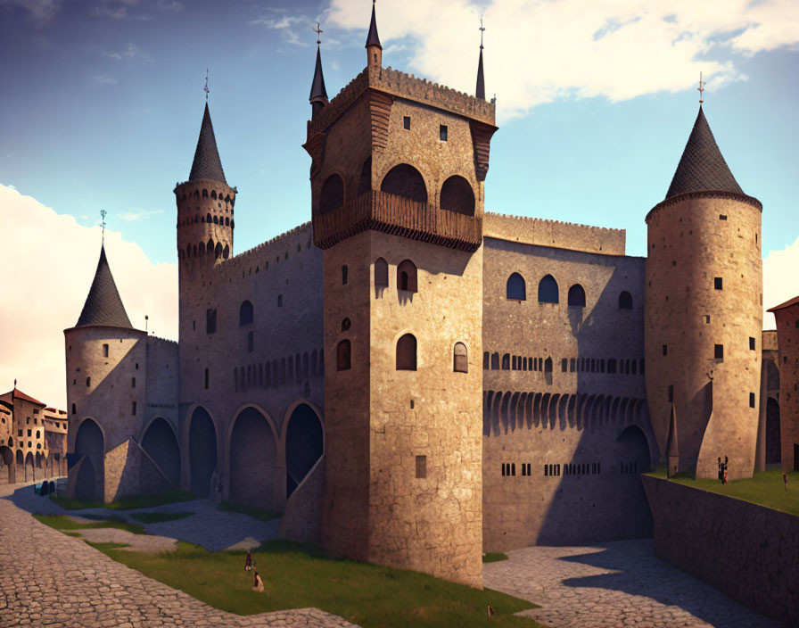 Medieval castle with stone walls, spires, and arched gateways