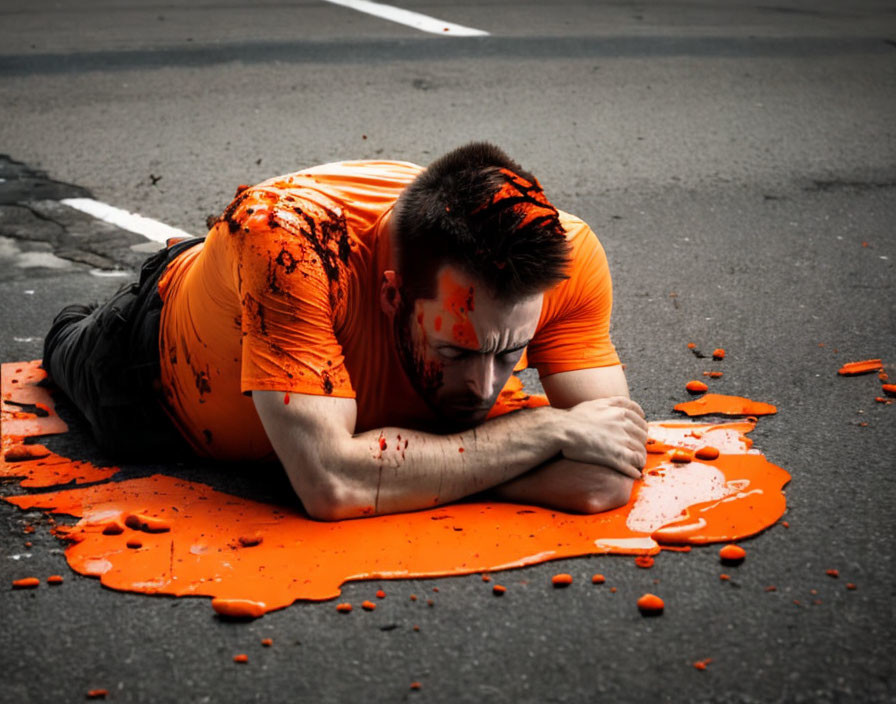 Man in orange shirt covered in splattered paint on road.