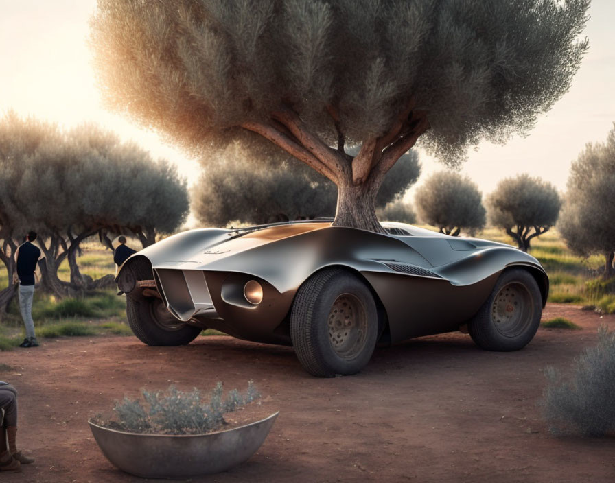 Futuristic car with rounded design in tranquil, natural setting at dusk