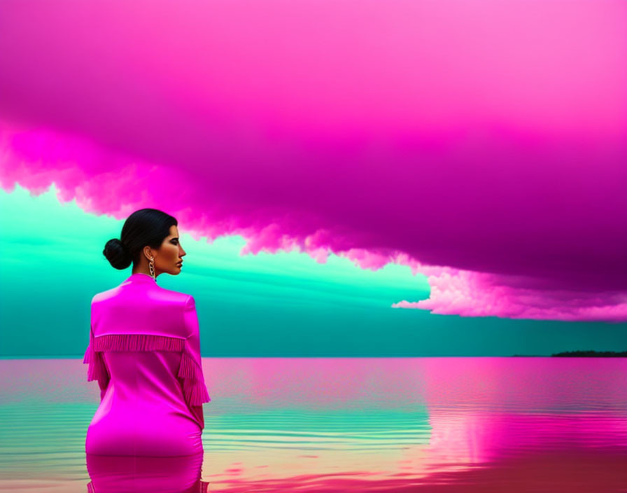 Woman in Pink Dress Gazes at Reflective Water Under Dramatic Sky