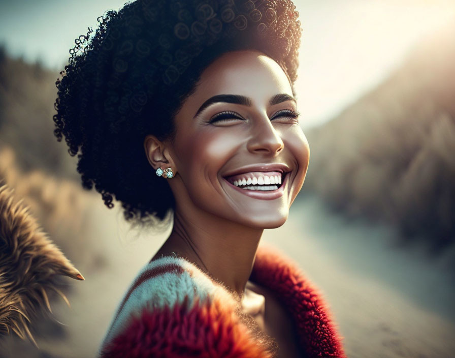 Smiling woman with curly hair in colorful outfit outdoors