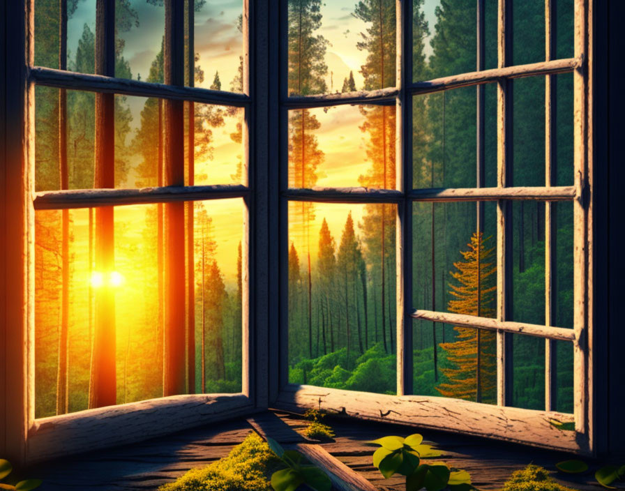 Rustic window view of serene forest at sunset