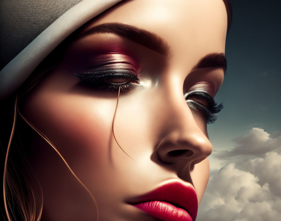 Woman with dramatic makeup and red lipstick wearing a hat under cloudy sky