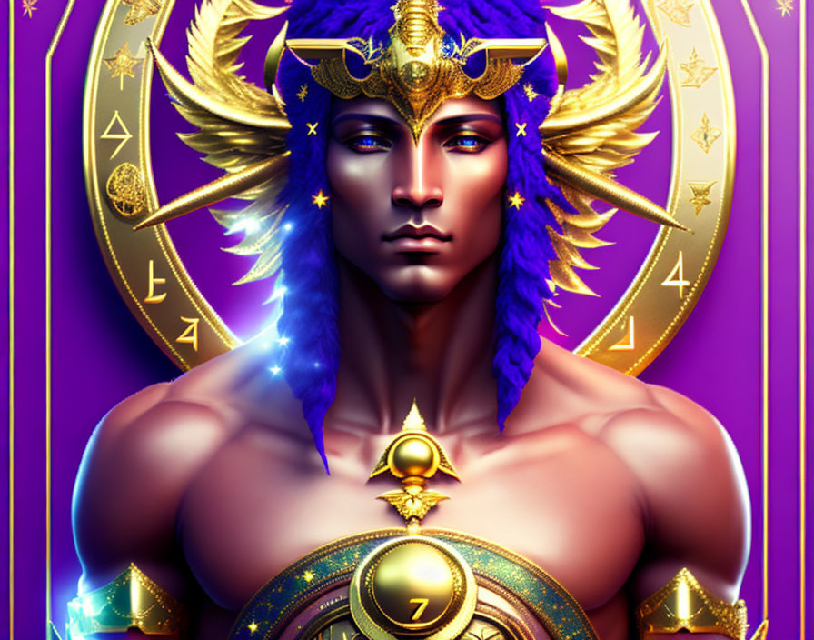 Male figure with blue skin and mystical symbols on purple background