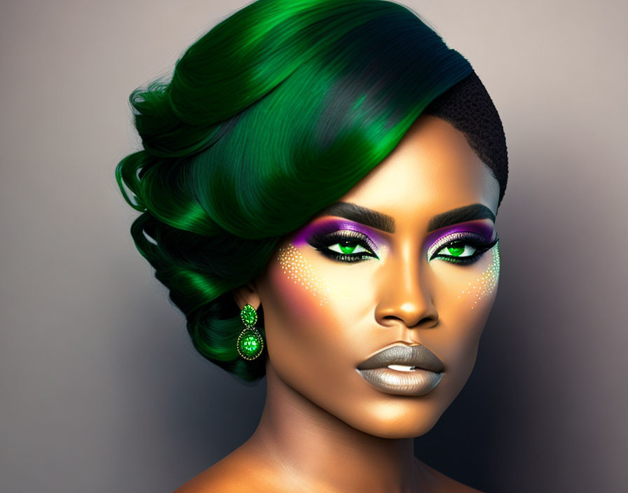 Vibrant digital art: woman with green hair and purple eyeshadow