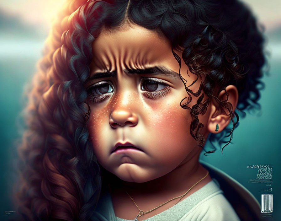 Young girl with curly hair in solemn expression on teal backdrop