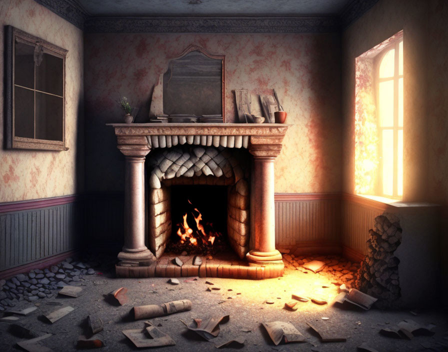 Neglected room with fireplace, scattered papers, sunlight, peeling wallpaper