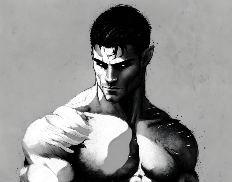 Muscular man with intense gaze in monochromatic illustration