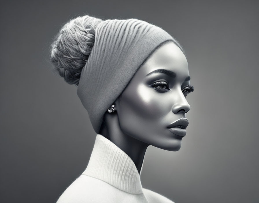 Monochromatic portrait of woman in beanie and turtleneck, with elegant makeup and bun hairstyle