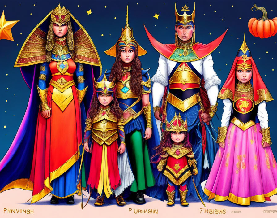 Six individuals in celestial and royal fantasy costumes on starry background