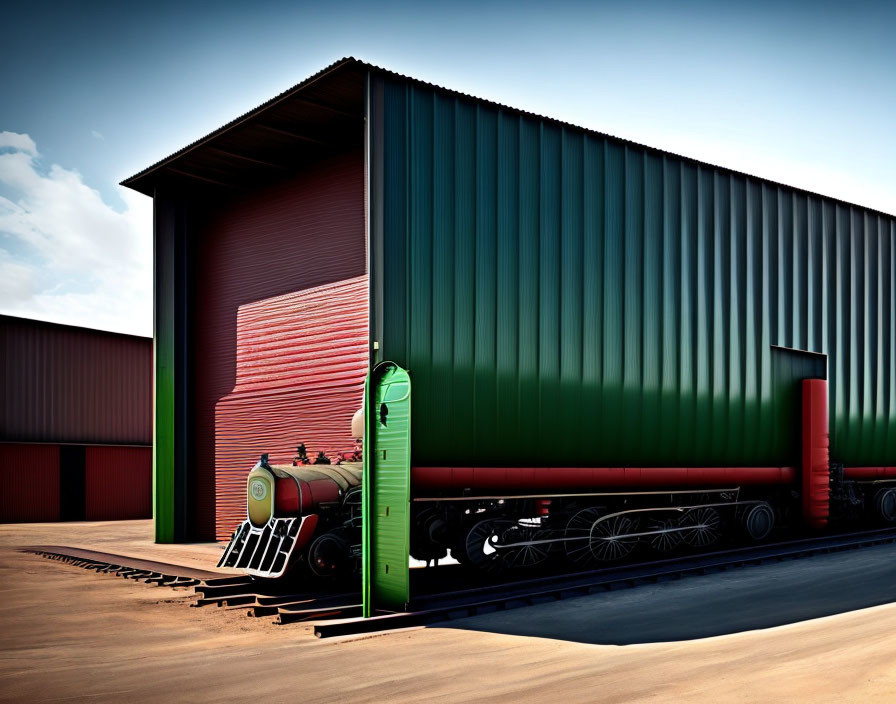 Colorful Toy Train Exiting Shipping Container in Industrial Setting