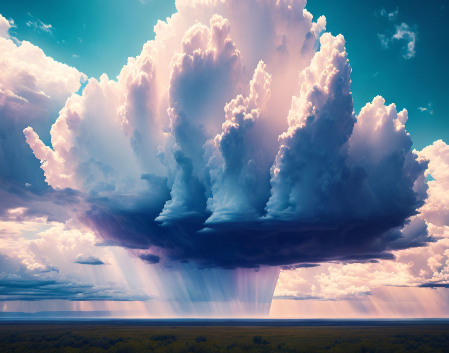 Massive Cumulonimbus Cloud with Anvil Shape and Sunrays over Serene Landscape