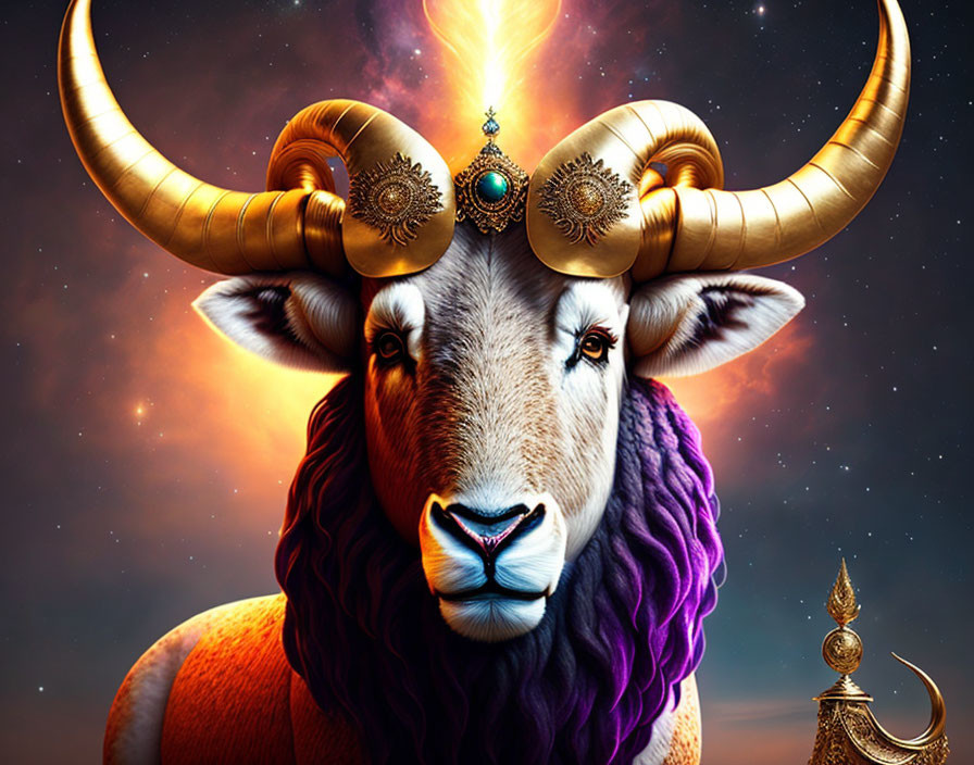 Ram with embellished horns and jewelry under starry sky