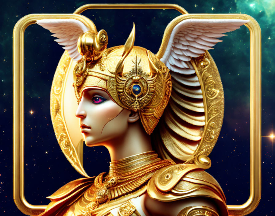 Detailed character illustration: ornate golden helmet with wings, intricate patterns, cosmic background