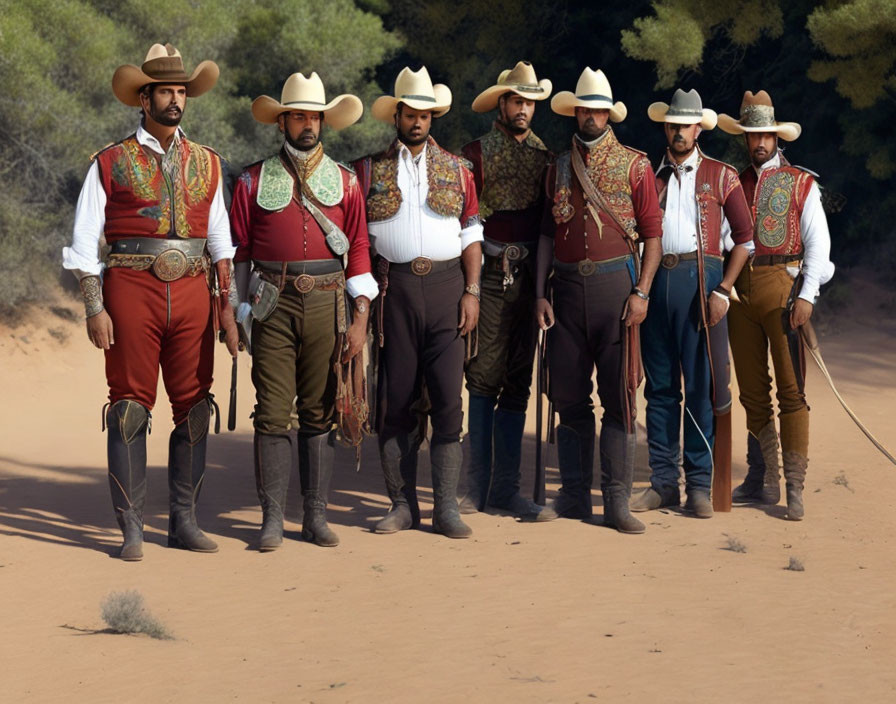 Six men in traditional cowboy attire standing confidently in sandy area