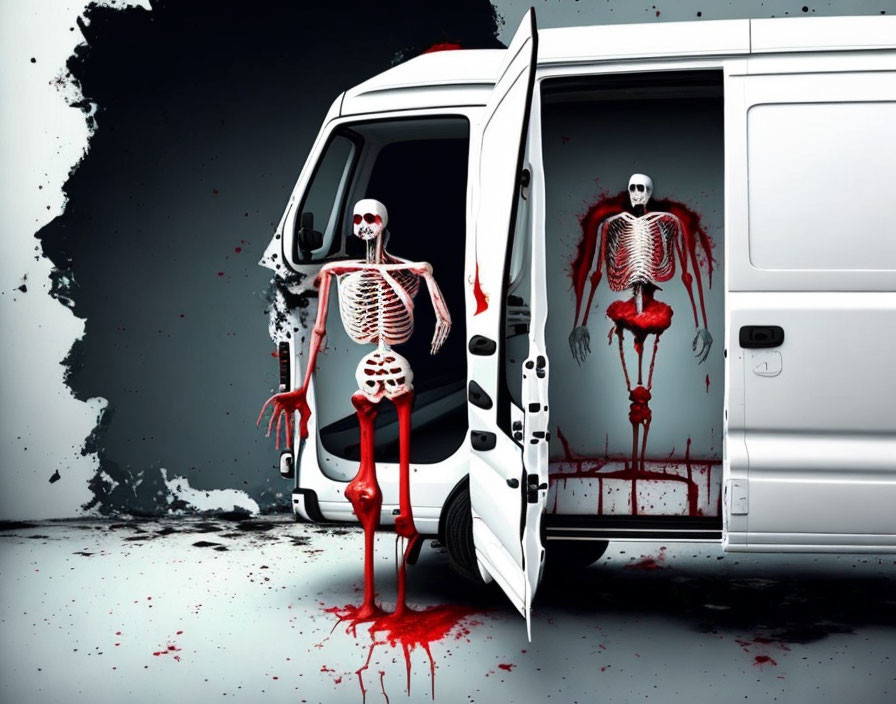 Skeletons with red substance near white van