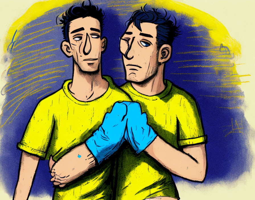 Two men in yellow shirts, one comforting the other, on blue and yellow background