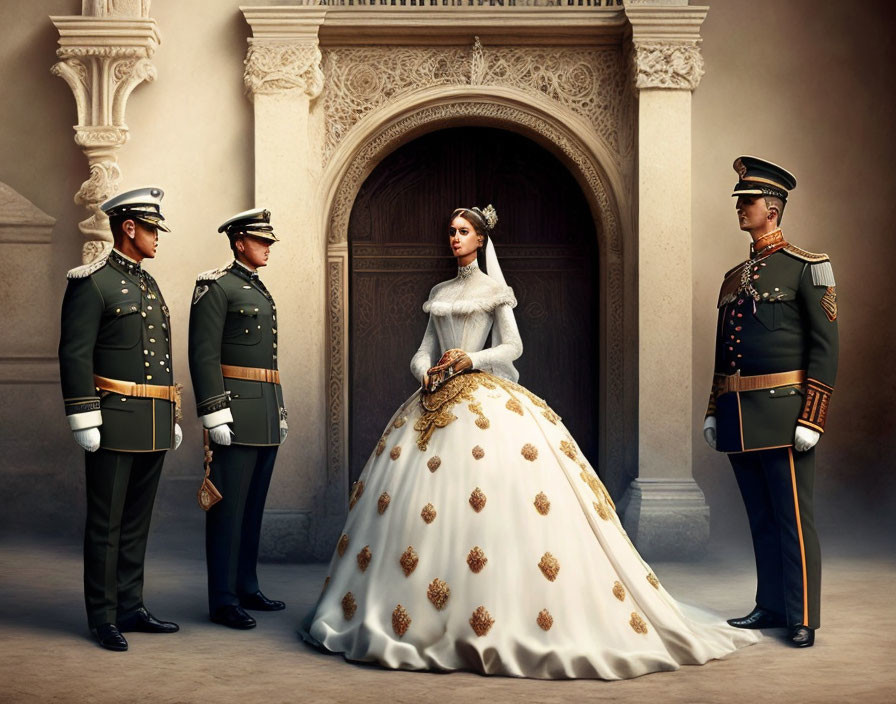 Woman in white gown with guards in ornate hallway