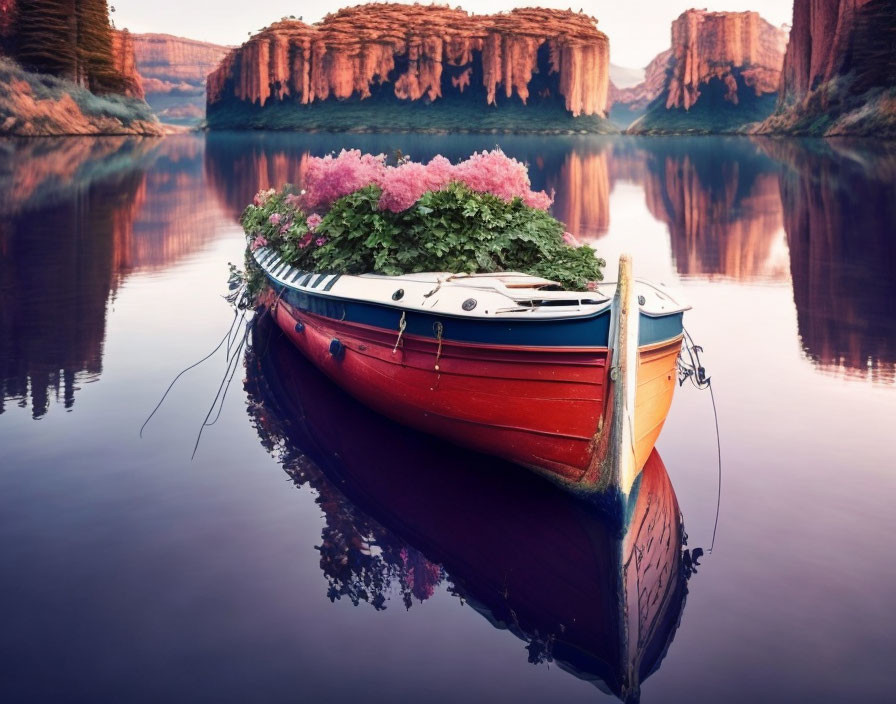 Colorful Boat with Flowers Floating on Tranquil Water Near Red Cliffs