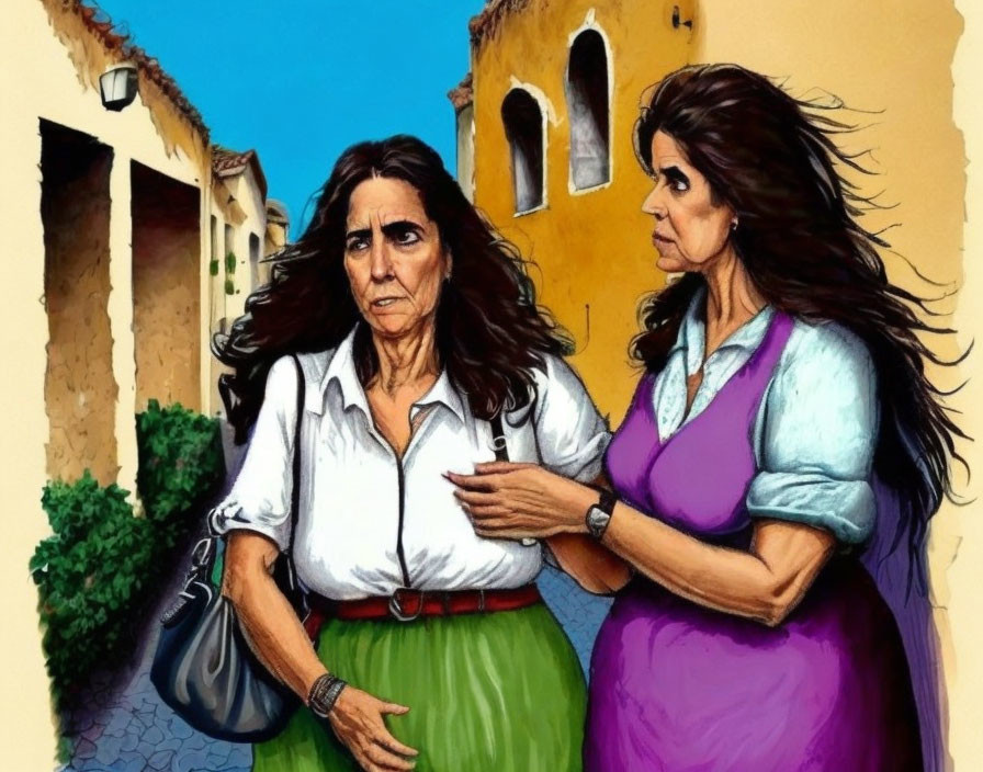 Two women in animated conversation, one in green skirt and white shirt, the other in purple top and