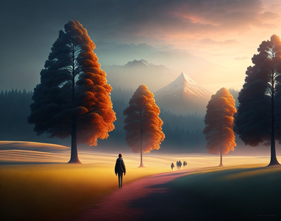 Person walking with dogs in serene mountain landscape.