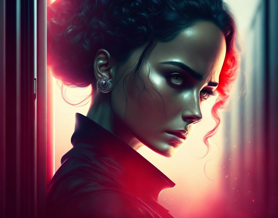 Digital illustration of woman with curly hair, intense eyes, earring, in dark outfit, backlit