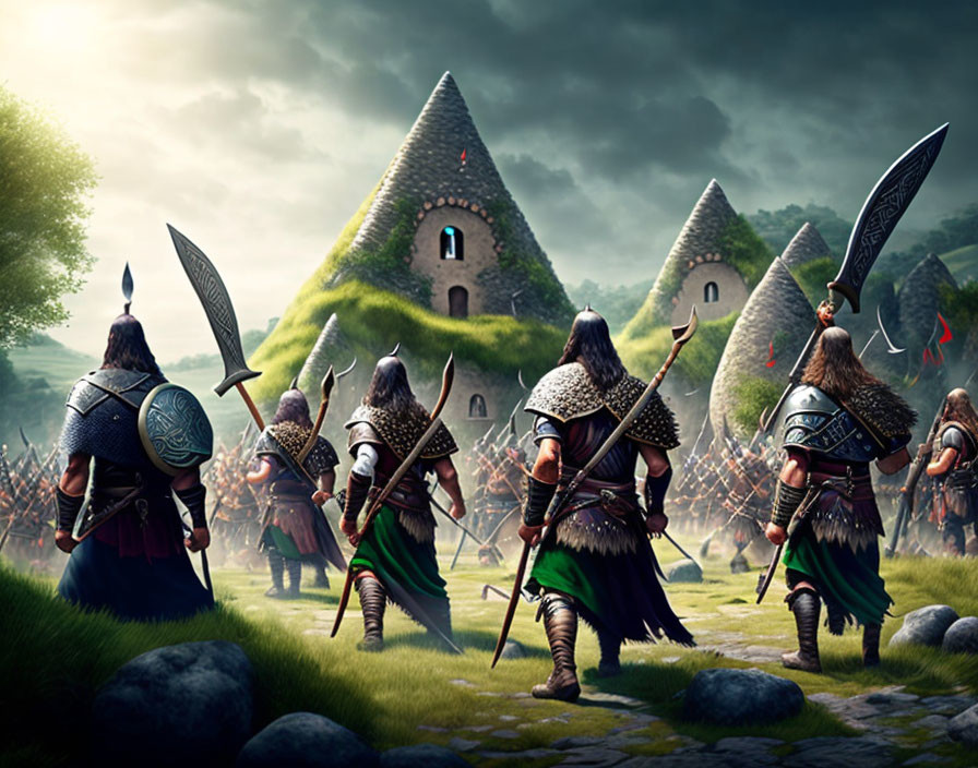 Armored warriors with spears and shields near cone-shaped stone houses