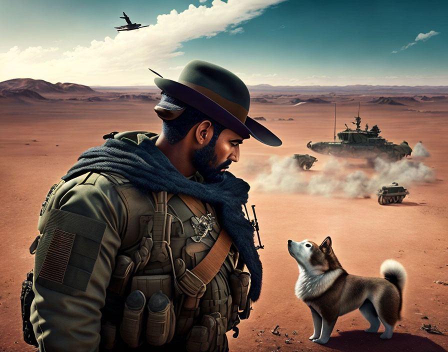 Soldier in tactical gear with cowboy hat and dog in desert with tanks and fighter jet.