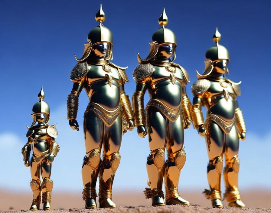 Golden Armored Figures in Perspective Against Blue Sky