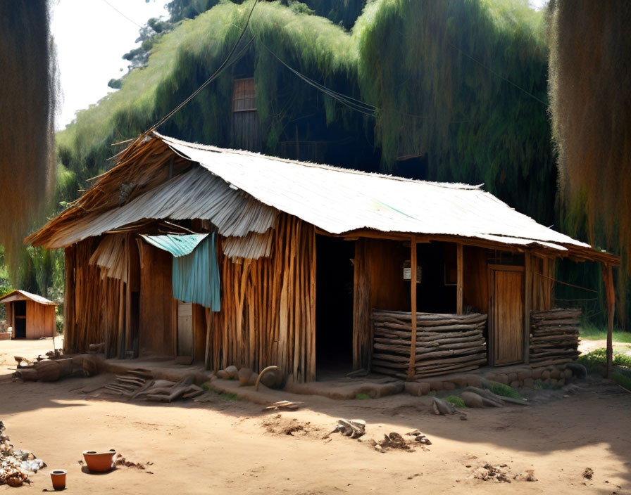 Traditional Thatched-Roof Hut in Rural Setting with Greenery