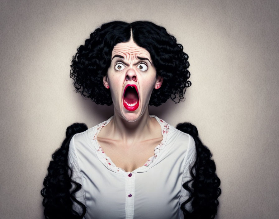 Curly Haired Woman Expresses Shock on Plain Background