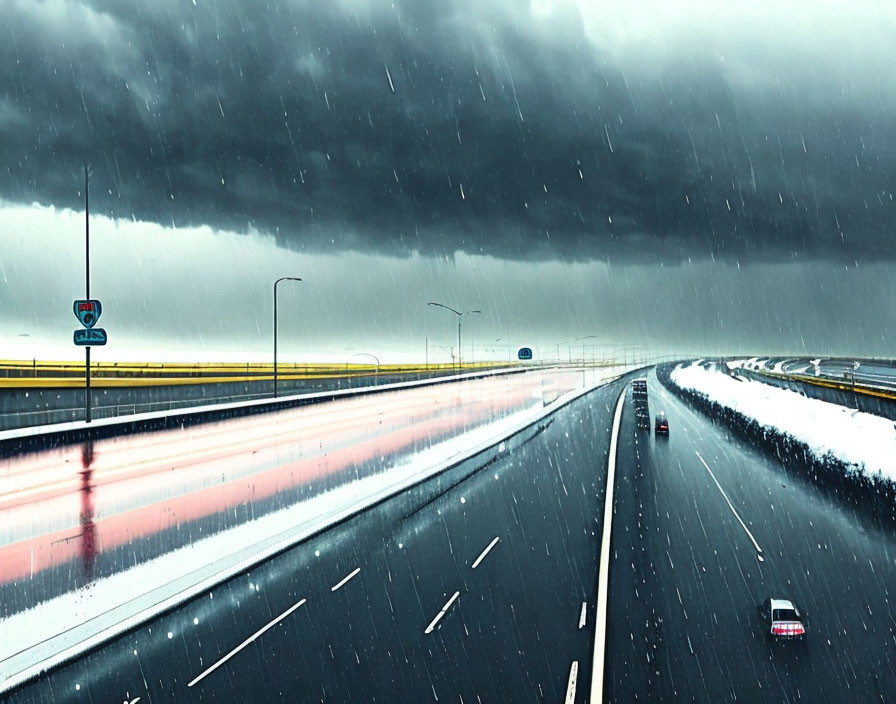 Highway scene during storm with rain and dark clouds