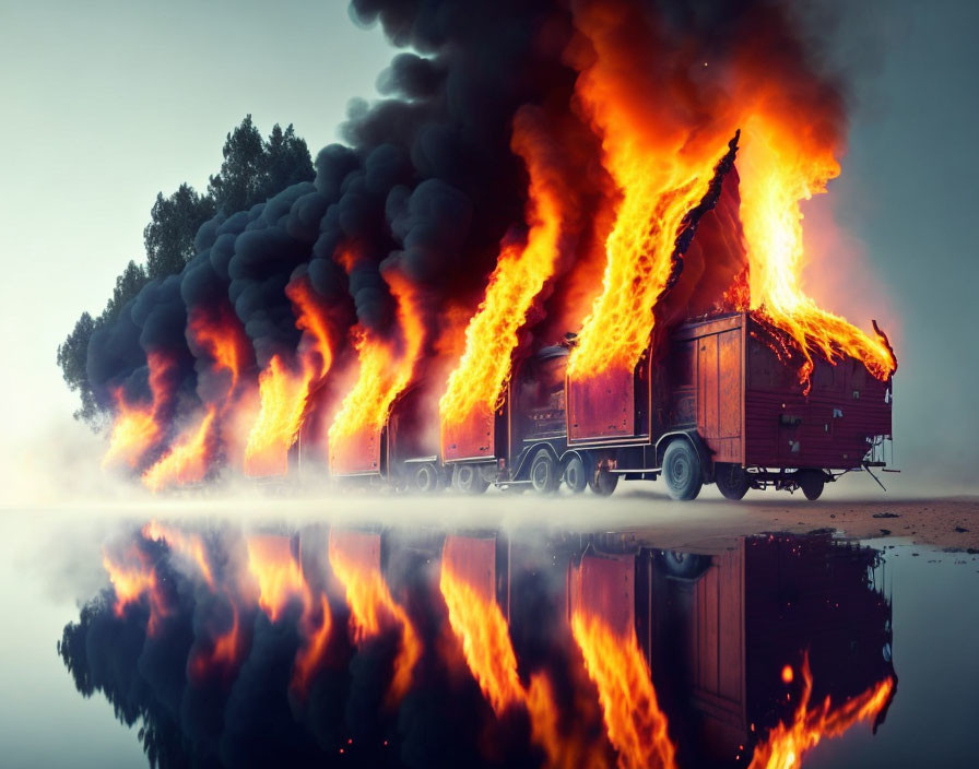 Burning truck with flames and smoke reflected on water