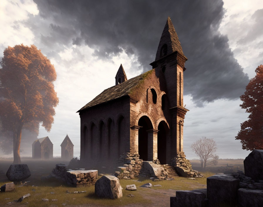 Old church with tall spire in misty autumn landscape with ruins and cloudy sky