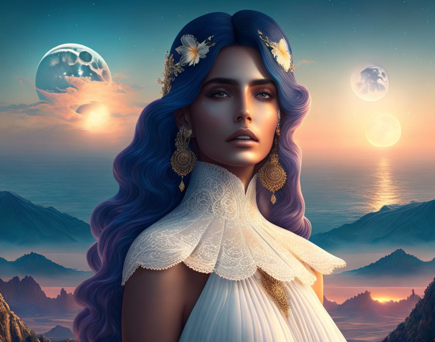 Fantasy artwork: Woman with blue hair, flowers, moons, mountains, sunset.