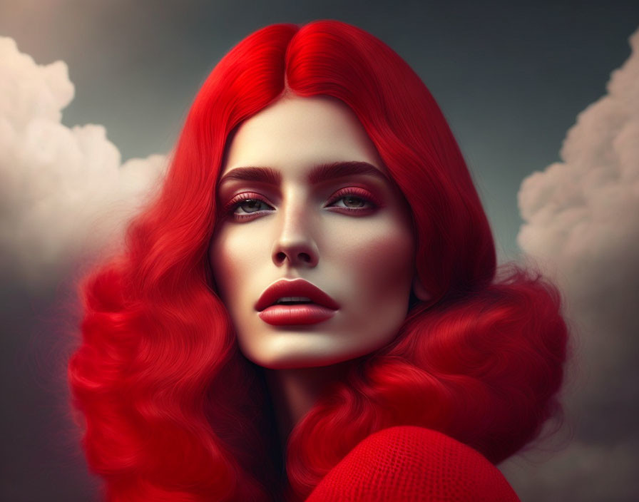 Vibrant red-haired woman with green eyes against cloudy backdrop