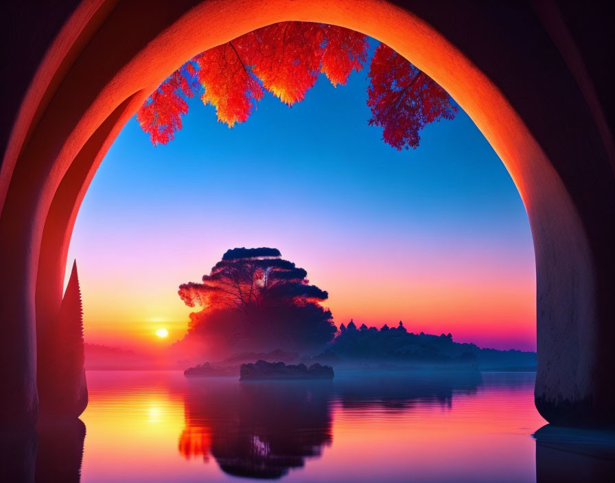 Vibrant sunset colors framed by arch with tree silhouette on island