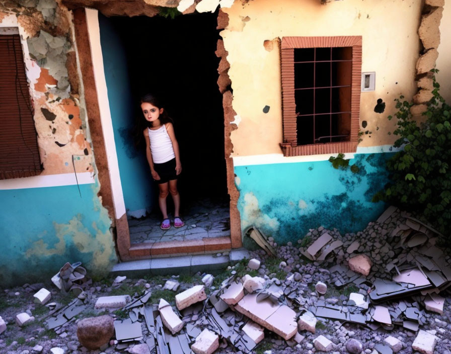 Young girl in doorway of damaged building with rubble and debris.