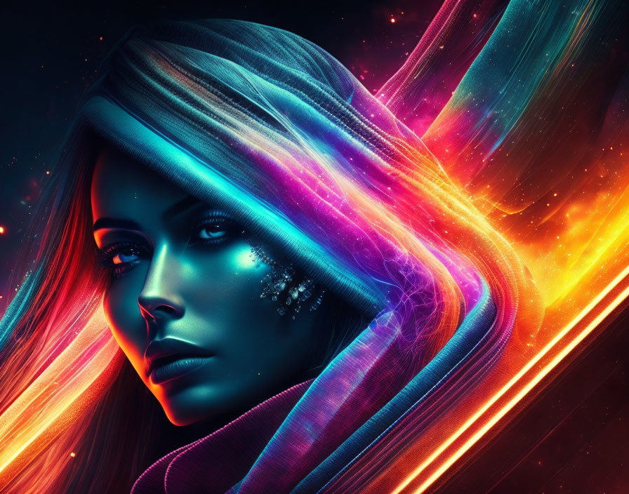 Colorful digital portrait: Woman with multicolored hair in cosmic setting