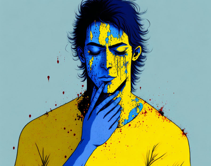 Illustration of person with blue and yellow paint drips, looking contemplative