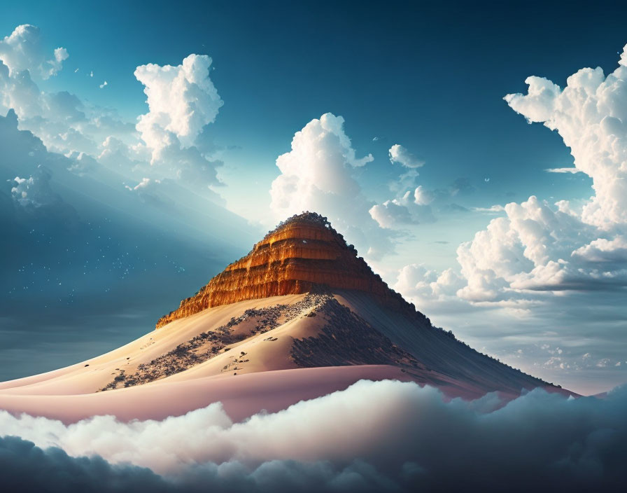 Vibrant mountain peak above clouds in blue sky