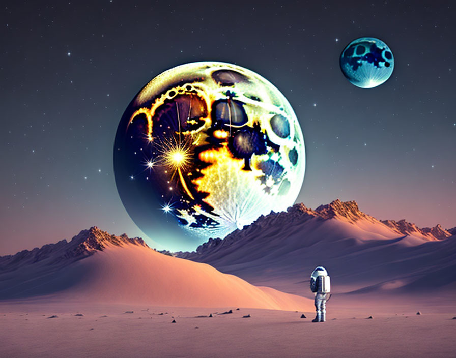 Astronaut on snowy landscape with colorful planets in twilight