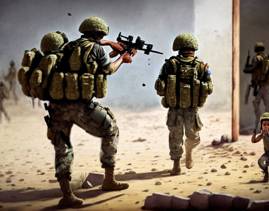 Three soldiers in combat gear advancing in a desert environment with one aiming a rifle amidst dust and chaos.