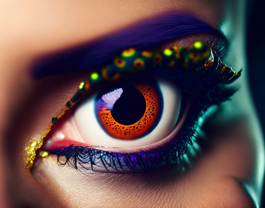 Colorful eye with purple lashes, gold glitter, and dotted patterns