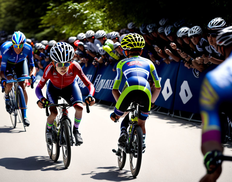 Colorful team jerseys and helmets worn by professional cyclists in a tight race on a sunny day