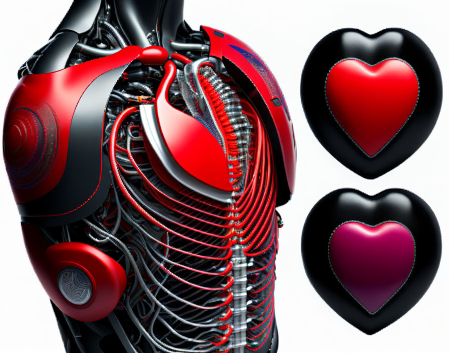 Cybernetic Human Chest with Mechanical Ribcage and Glowing Hearts