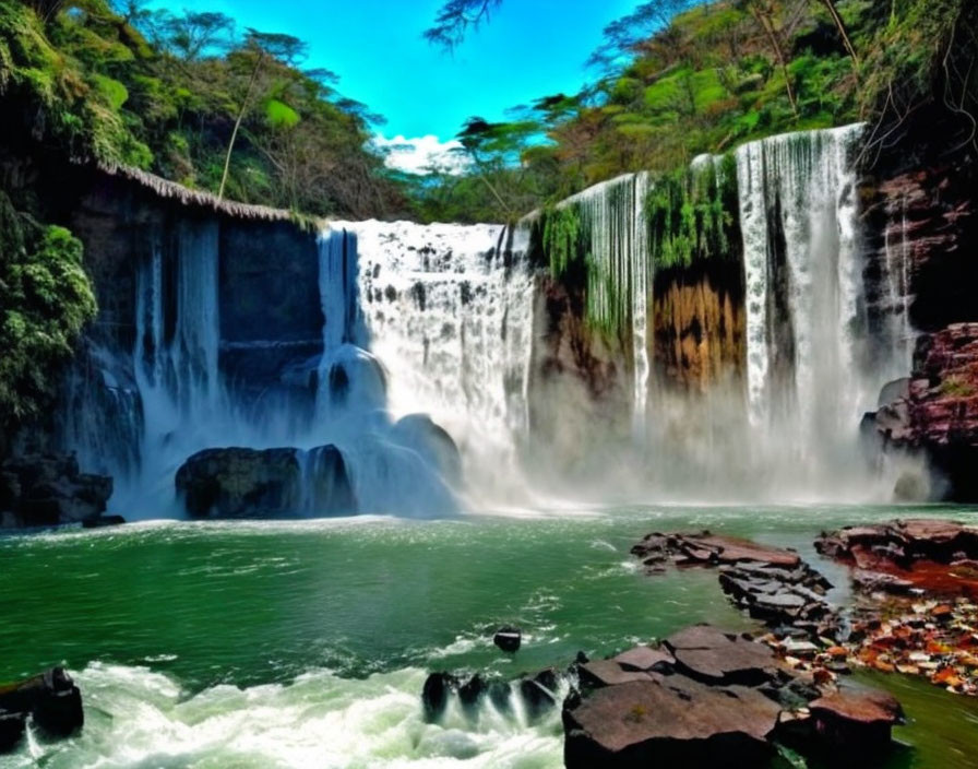 Scenic waterfall with cascades, lush greenery, turquoise pool, and rocky terrain