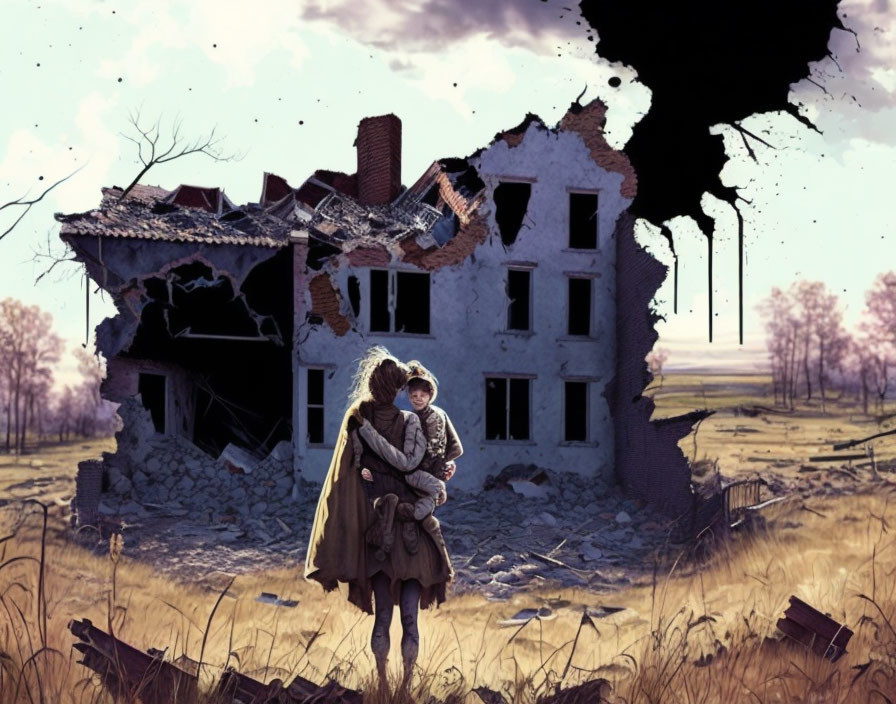 Woman with child in front of damaged building in desolate landscape